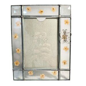 Vintage Leaded Glass Metal Decorel Picture Frame Dried Pressed Flower Butterfly